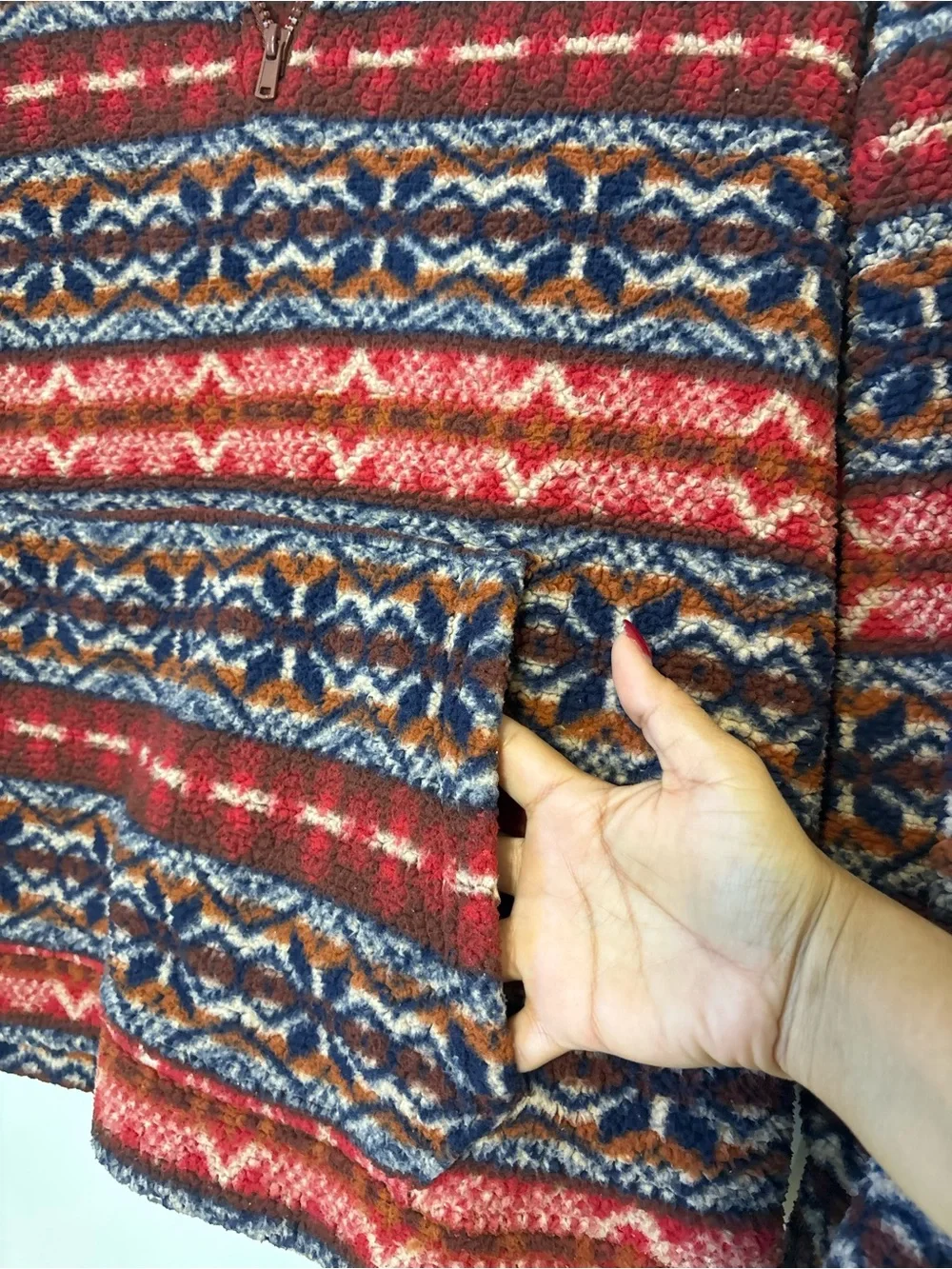 American Eagle Outfitters Red and Navy Patterned Quarter-Zip Sweater
